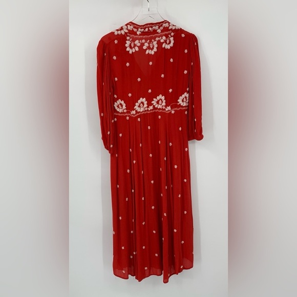 Free People Fable midi boho dress red embroidery gauze long Rock Roll maxi XS - Picture 4 of 5